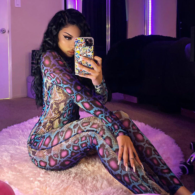 Women's snake print long-sleeved bodysuit one-piece trousers