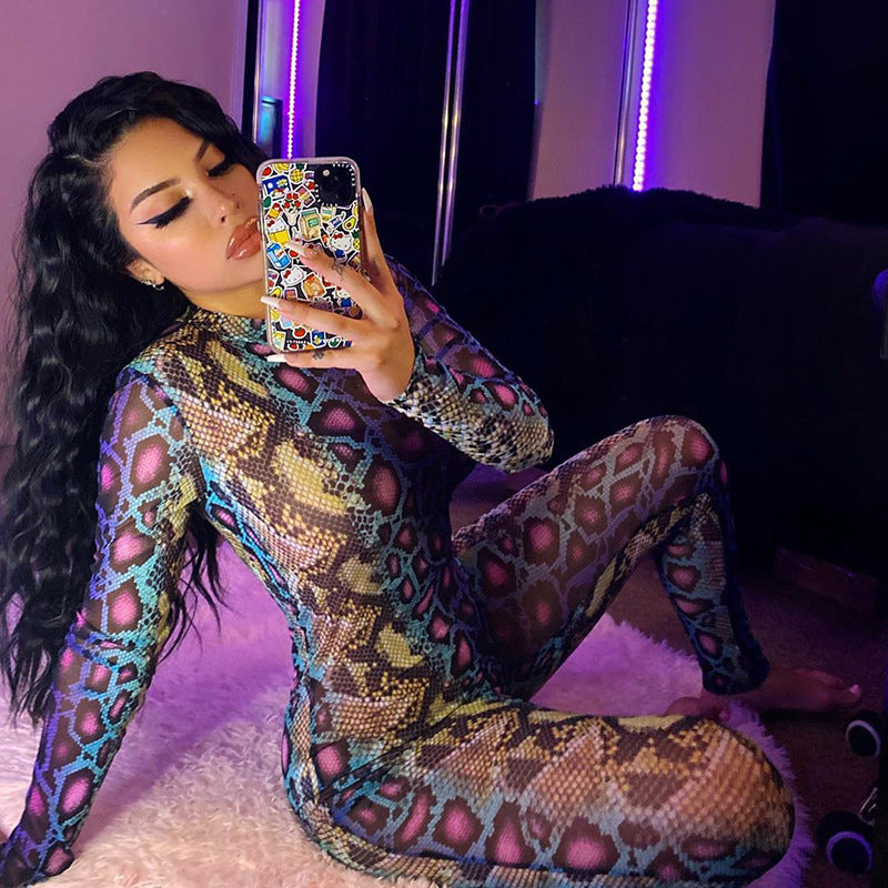 Women's snake print long-sleeved bodysuit one-piece trousers
