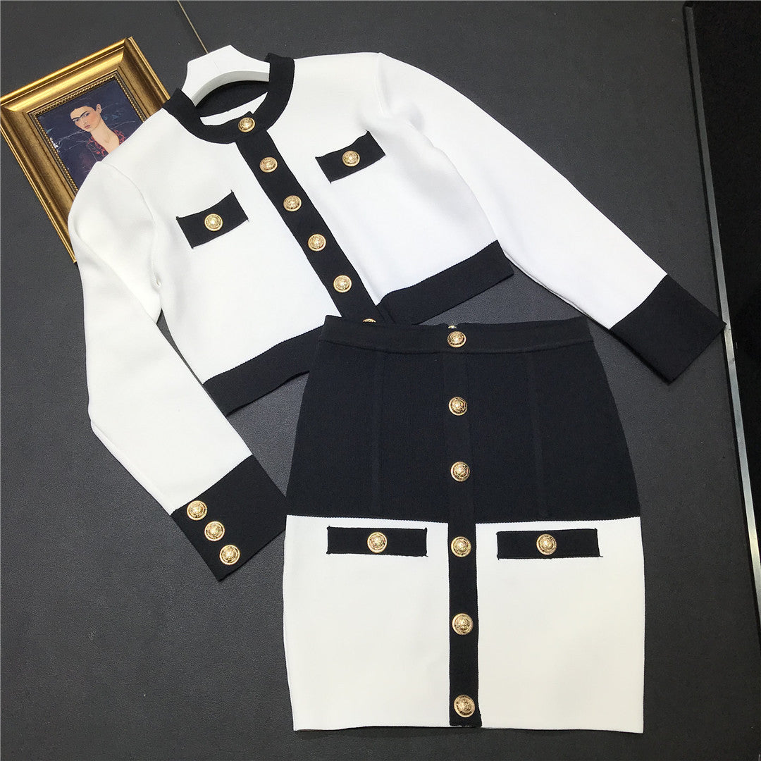 Knitted Cardigan Black and White Skirt Suit