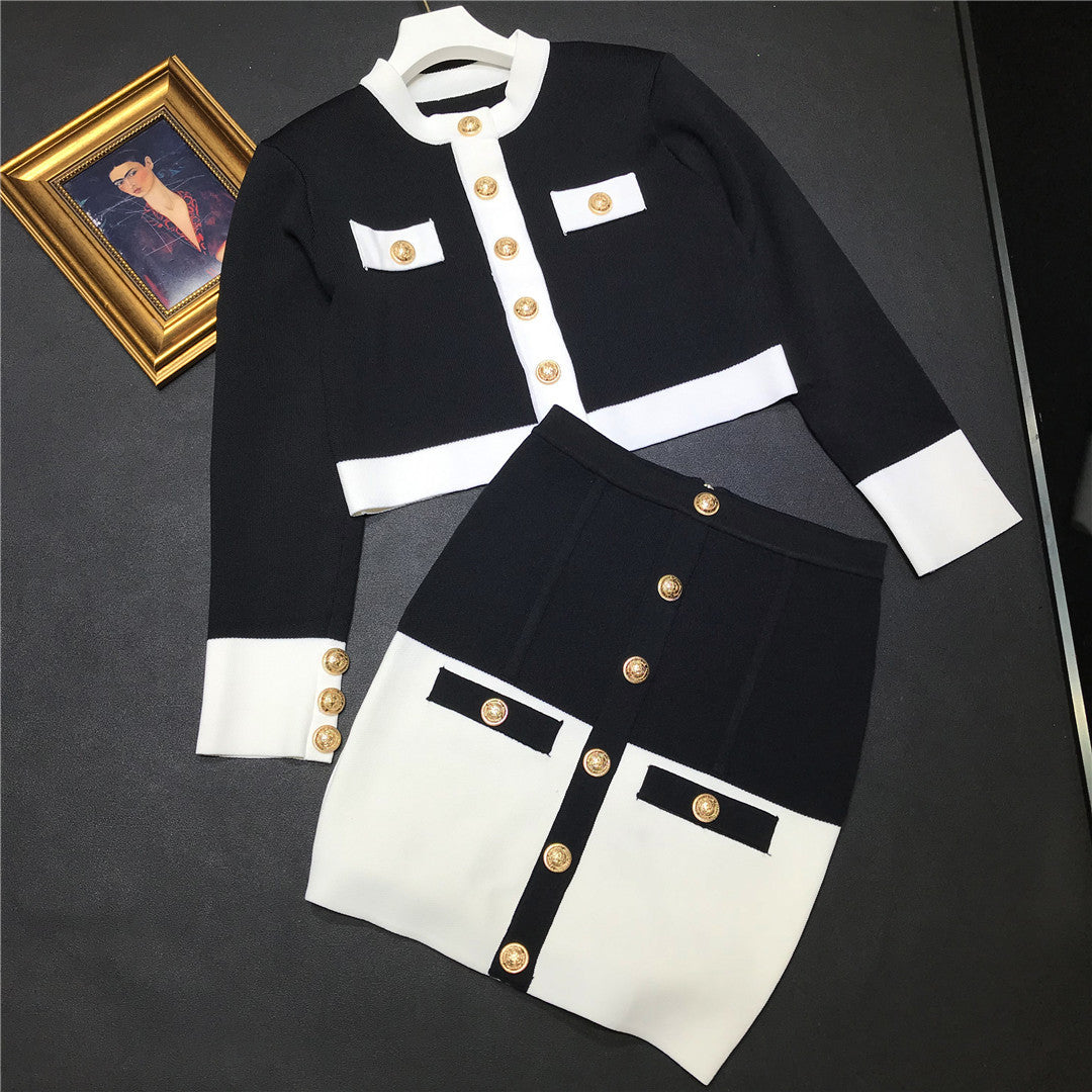 Knitted Cardigan Black and White Skirt Suit