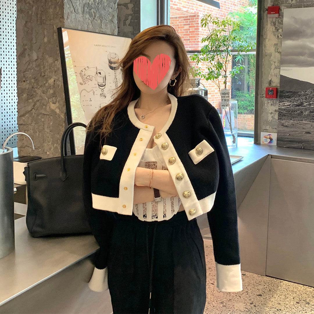 Knitted Cardigan Black and White Skirt Suit