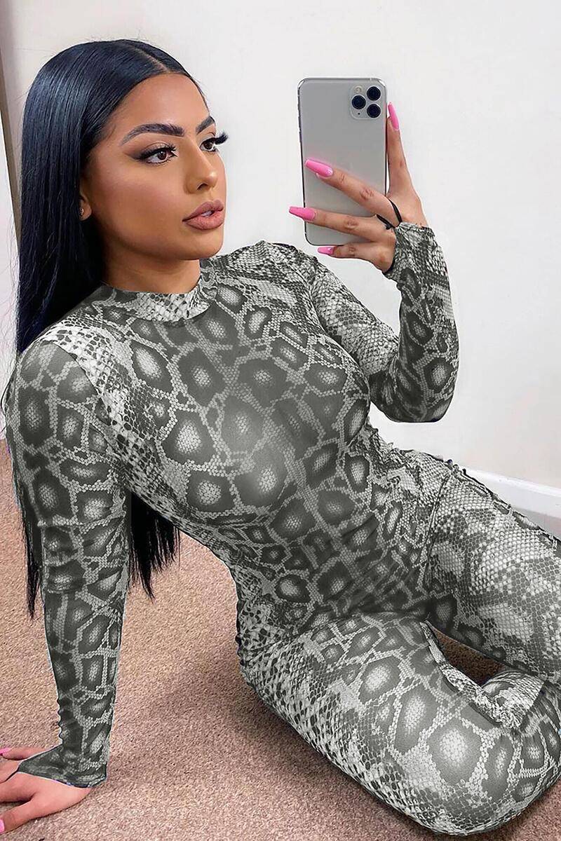 Women's snake print long-sleeved bodysuit one-piece trousers