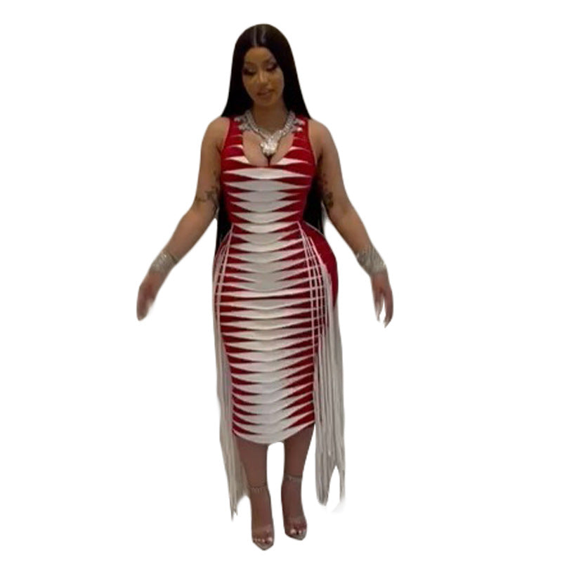 Sleeveless Printed Tassel High Waist Slim Long Dress