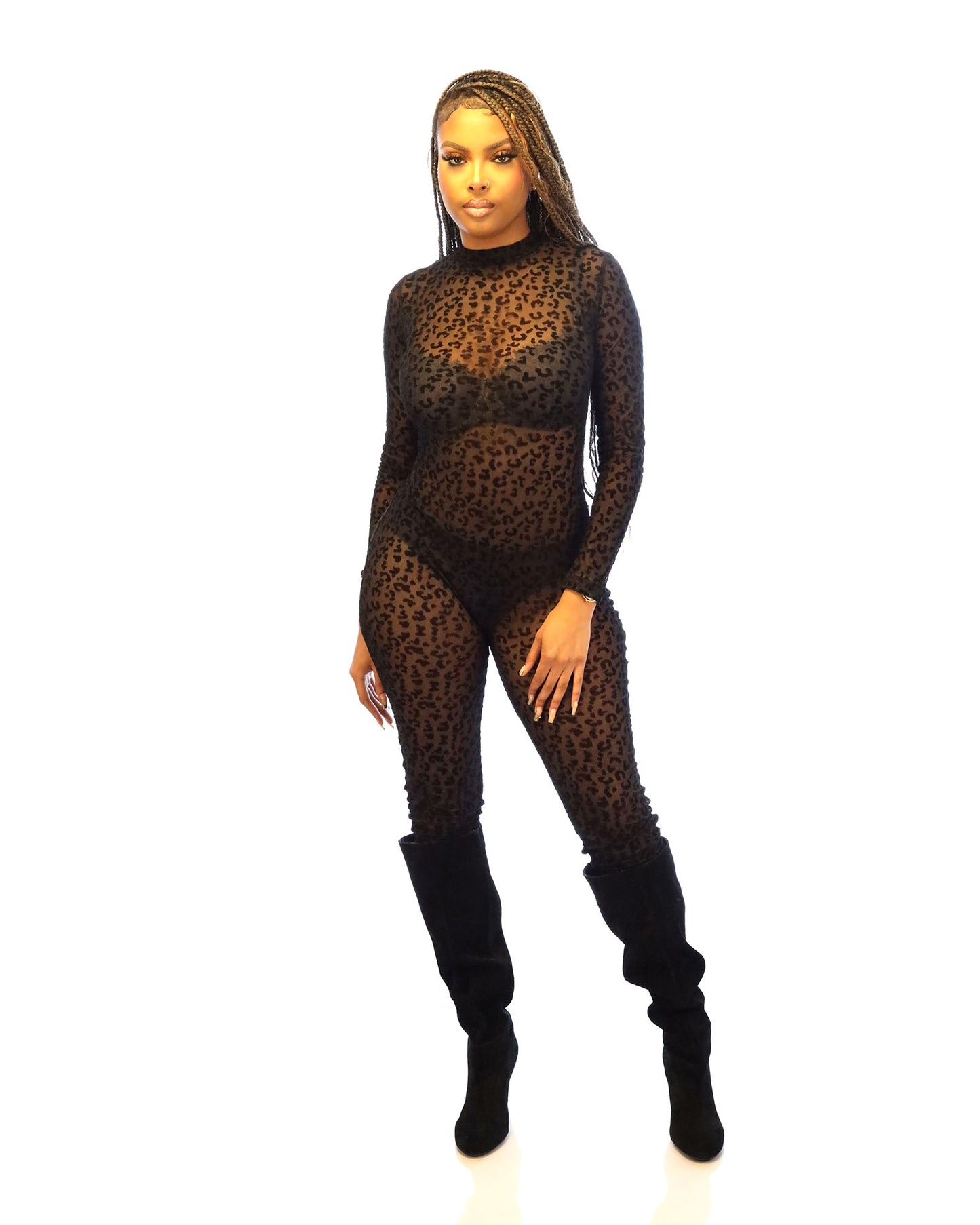 Women's Black Leopard Print Hollow Jumpsuit