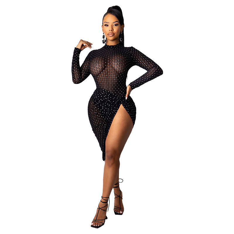 Women's Knitting Flocking Shiny Pleated Mesh Perspective Dress