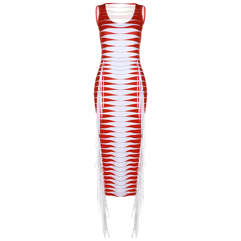 Sleeveless Printed Tassel High Waist Slim Long Dress