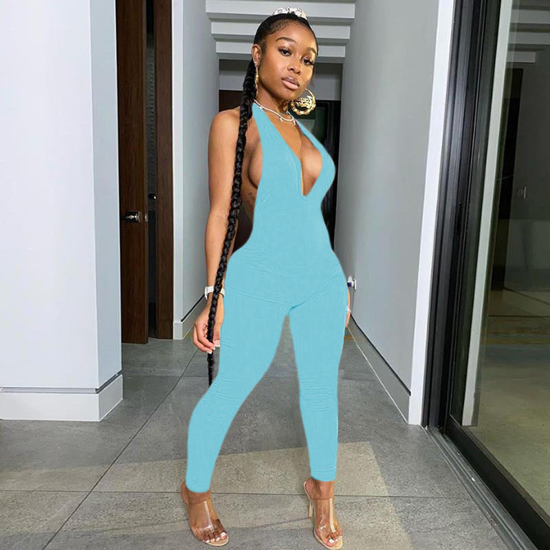 Back-neck Sleeveless Deep V Hip-lifting Conjoined Trousers