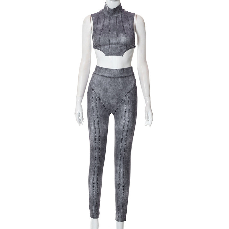 Collar Sleeveless Backless Lace-up Pants Sports Suit