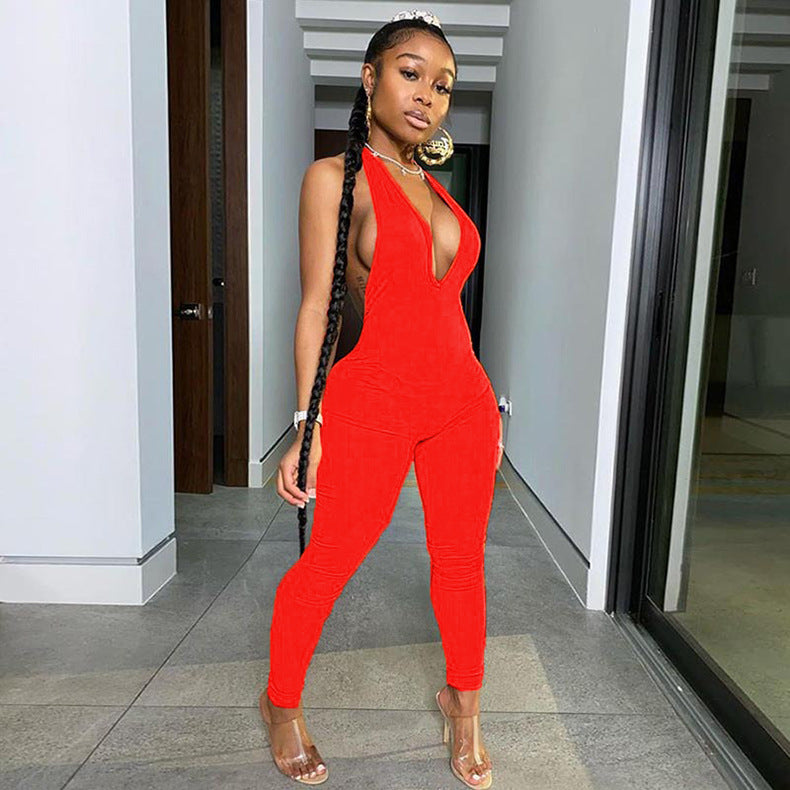 Back-neck Sleeveless Deep V Hip-lifting Conjoined Trousers