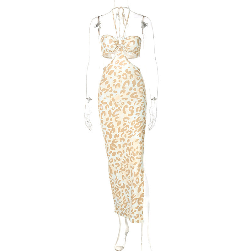 New Autumn And Winter Fashion Print Sexy Halter Neckless Sleeveless Dress