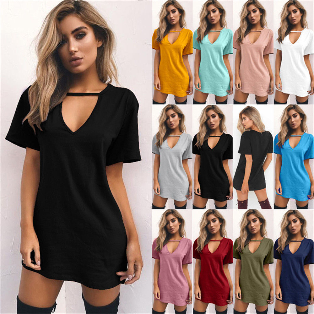 Womens V Neck Short Sleeve Tunic T-Shirt Solid Loose Blouse Casual Summer Tops - Hendrick Brun