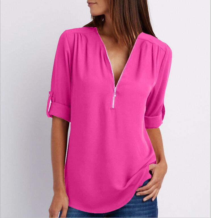 Women V-Neck Zipper T Shirt Loose Casual Blouse Long Sleeve Summer Top Plus Size - Hendrick Brun