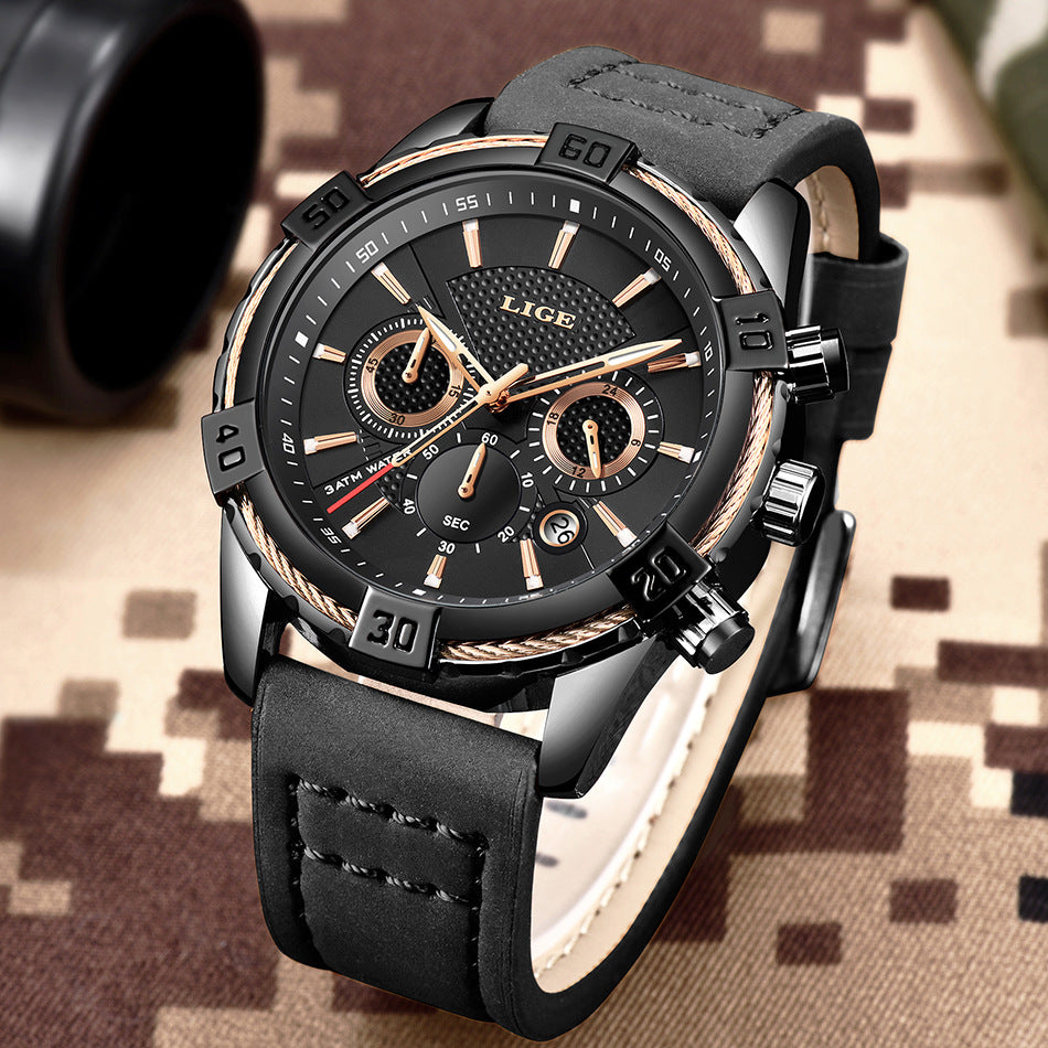 LIGE Mens Watch Waterproof Scratch resistant luminous hands comfortable leather band - Hendrick Brun