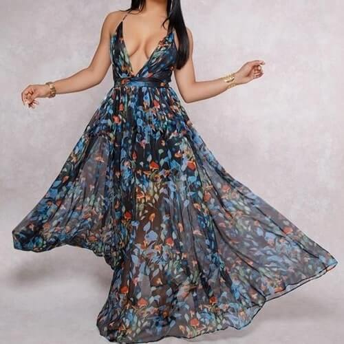 Deep V-neck Chiffon Backless Dress - Hendrick Brun