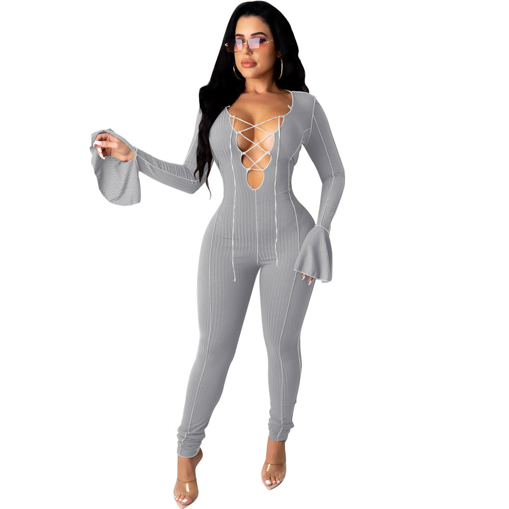 Womens Lace up Sleeved Jumpsuit - Hendrick Brun