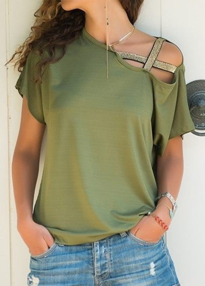 Womens Summer T Shirt Flare Short Sleeve Cold Shoulder Casual Loose Solid Blouse - Hendrick Brun