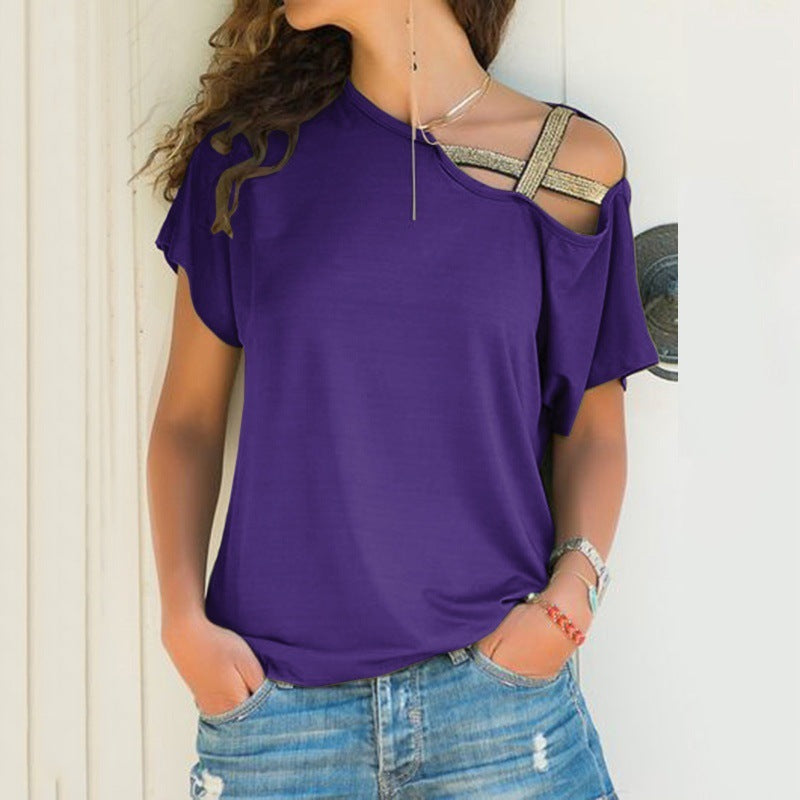 Womens Summer T Shirt Flare Short Sleeve Cold Shoulder Casual Loose Solid Blouse - Hendrick Brun