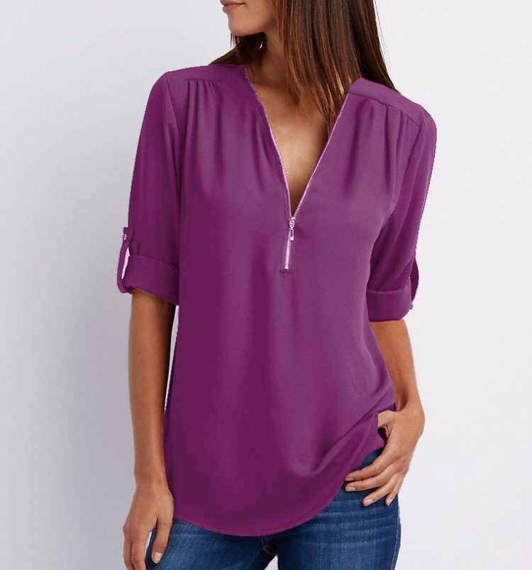 Women V-Neck Zipper T Shirt Loose Casual Blouse Long Sleeve Summer Top Plus Size - Hendrick Brun