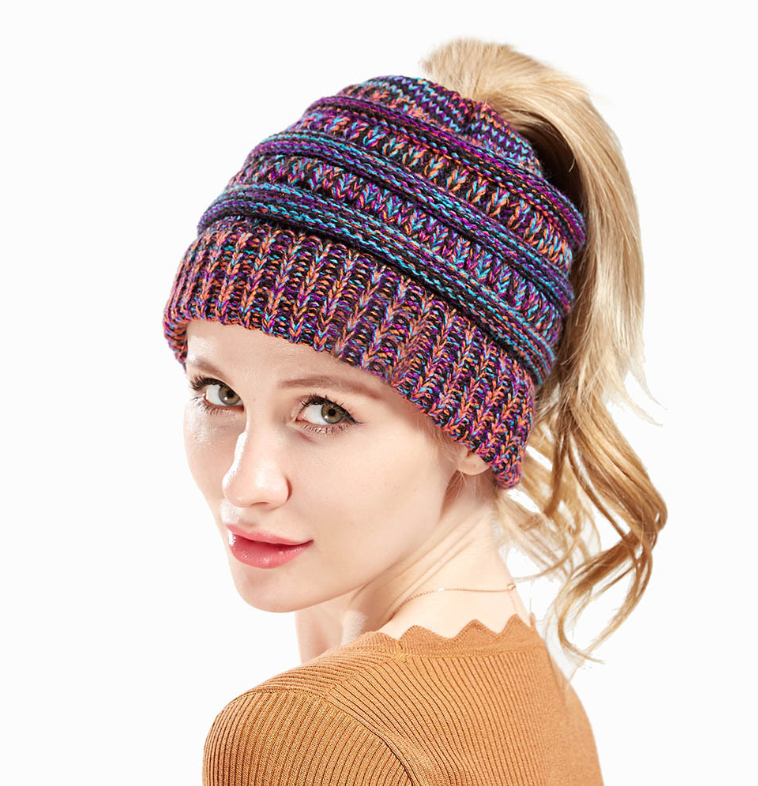 Mixed Color Knitted Wool Hat Ladies Non-labeled Ponytail Hat - Hendrick Brun