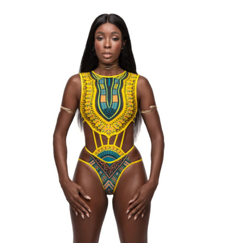 High waisted swimsuit with African design.