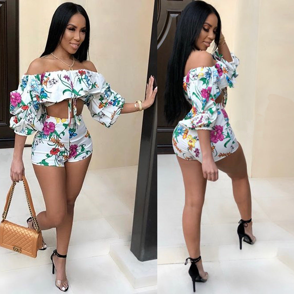 Sexy off the shoulders pile sleeves shorts two-piece - Hendrick Brun