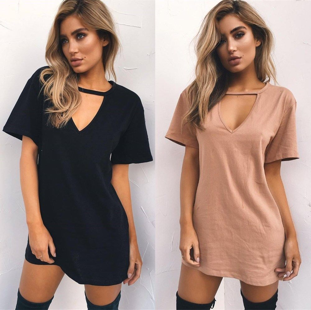 Womens V Neck Short Sleeve Tunic T-Shirt Solid Loose Blouse Casual Summer Tops - Hendrick Brun