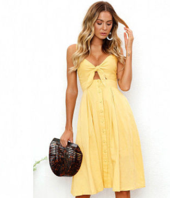 Women's V-Neck Buttoned Dress Bow Back Sexy Strap Dress - Hendrick Brun