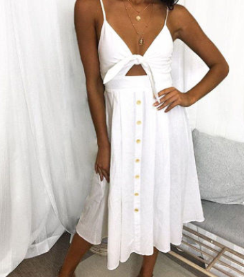 Women's V-Neck Buttoned Dress Bow Back Sexy Strap Dress - Hendrick Brun