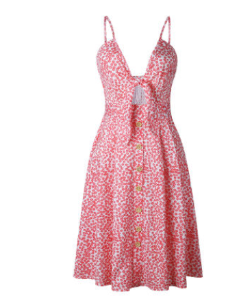 Women's V-Neck Buttoned Dress Bow Back Sexy Strap Dress - Hendrick Brun
