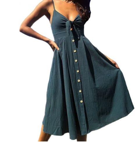 Women's V-Neck Buttoned Dress Bow Back Sexy Strap Dress - Hendrick Brun