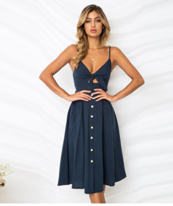 Women's V-Neck Buttoned Dress Bow Back Sexy Strap Dress - Hendrick Brun