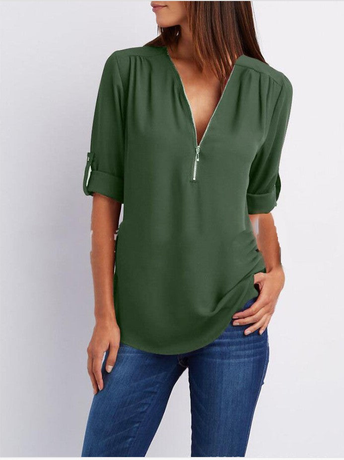 Women V-Neck Zipper T Shirt Loose Casual Blouse Long Sleeve Summer Top Plus Size - Hendrick Brun