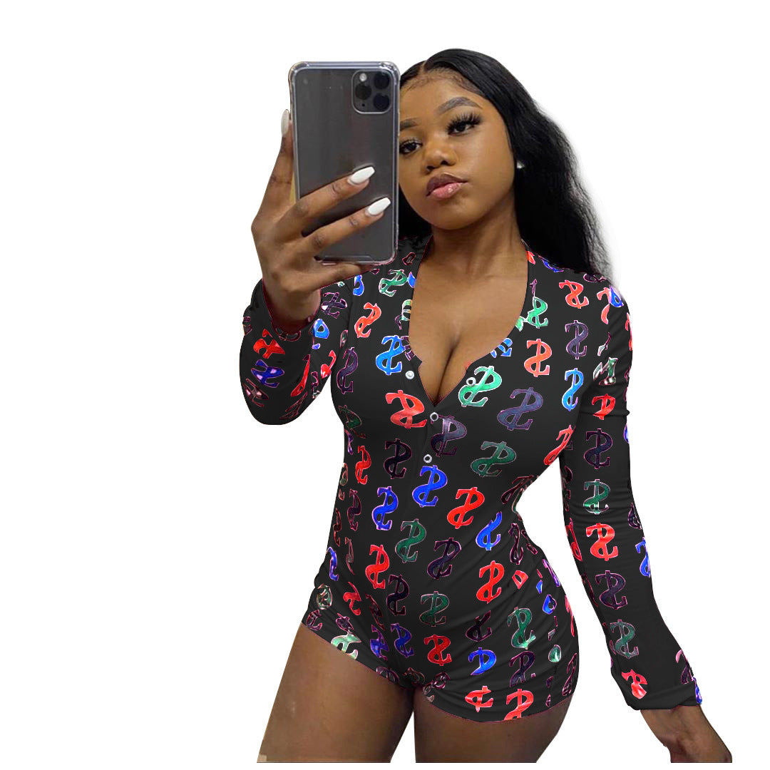 Fashion Sexy Printed Letter Home Wear Tights Jumpsuit