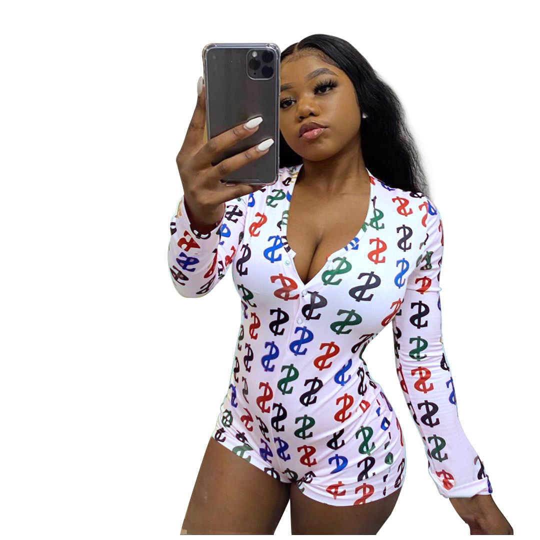 Fashion Sexy Printed Letter Home Wear Tights Jumpsuit