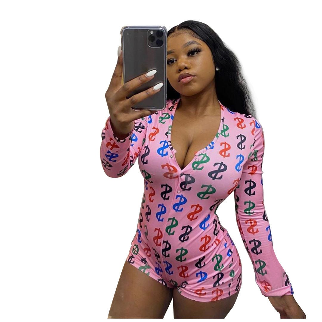 Fashion Sexy Printed Letter Home Wear Tights Jumpsuit