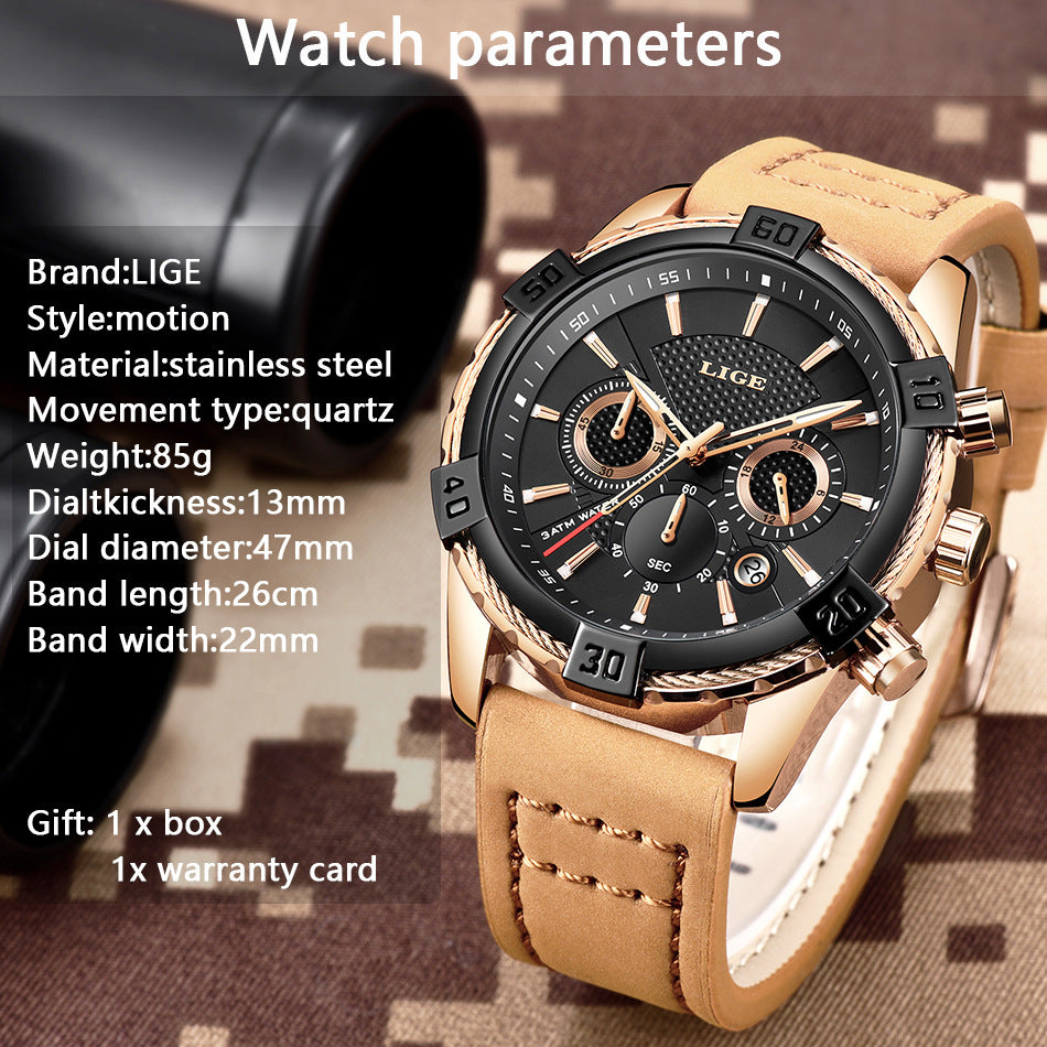 LIGE Mens Watch Waterproof Scratch resistant luminous hands comfortable leather band - Hendrick Brun