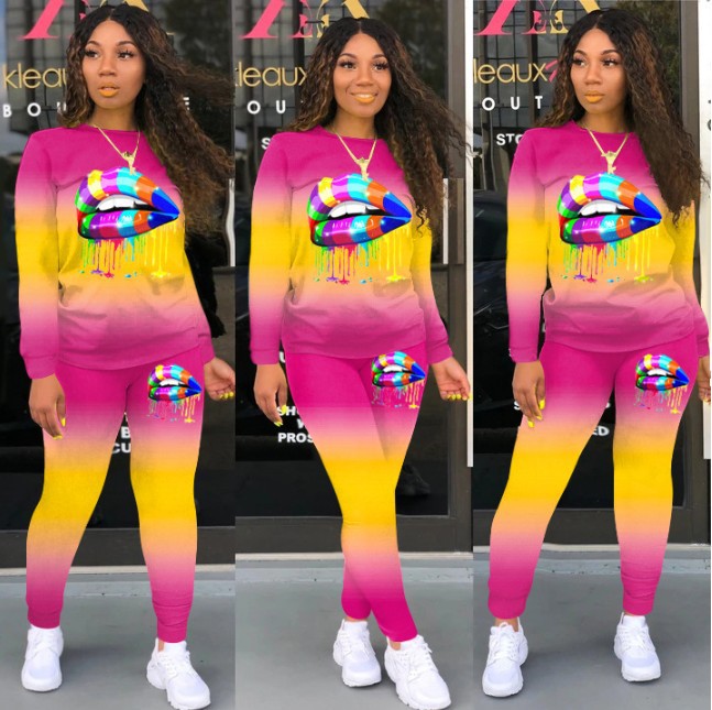 Womens Two-Piece Lip Print Long-sleeved Sweatshirt and Sweatpants - Hendrick Brun