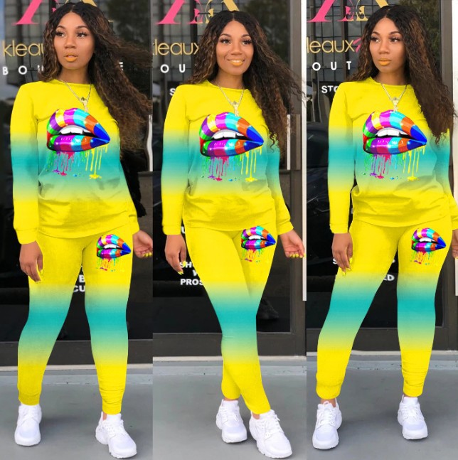 Womens Two-Piece Lip Print Long-sleeved Sweatshirt and Sweatpants - Hendrick Brun