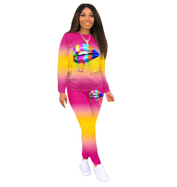 Womens Two-Piece Lip Print Long-sleeved Sweatshirt and Sweatpants - Hendrick Brun