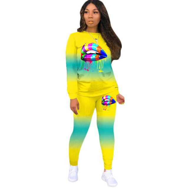 Womens Two-Piece Lip Print Long-sleeved Sweatshirt and Sweatpants - Hendrick Brun