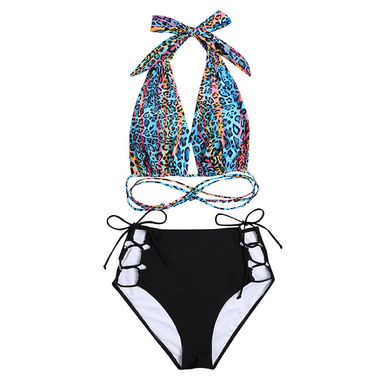 Deep V-neck High Waist Tether Halter Halter Swimsuit Bikini