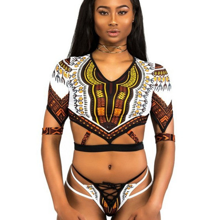 New Style Swimsuit Ladies Multi-strap Lace Ethnic Print Half-sleeved Sexy Split Bikini