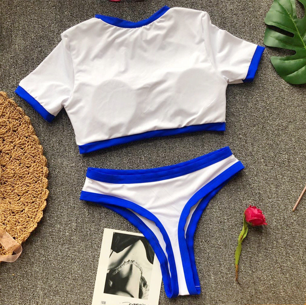 New European And American Split High Waist Swimsuit Color Matching Soft Half Sleeve Bikini Bikini One Drop