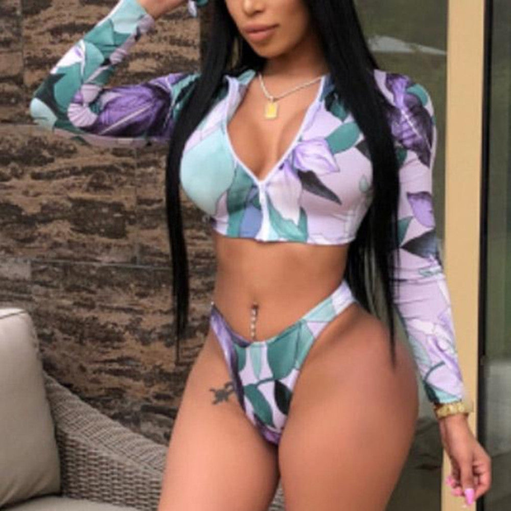 European And American Bikini Zipper Long Sleeve Printed Sexy Swimsuit