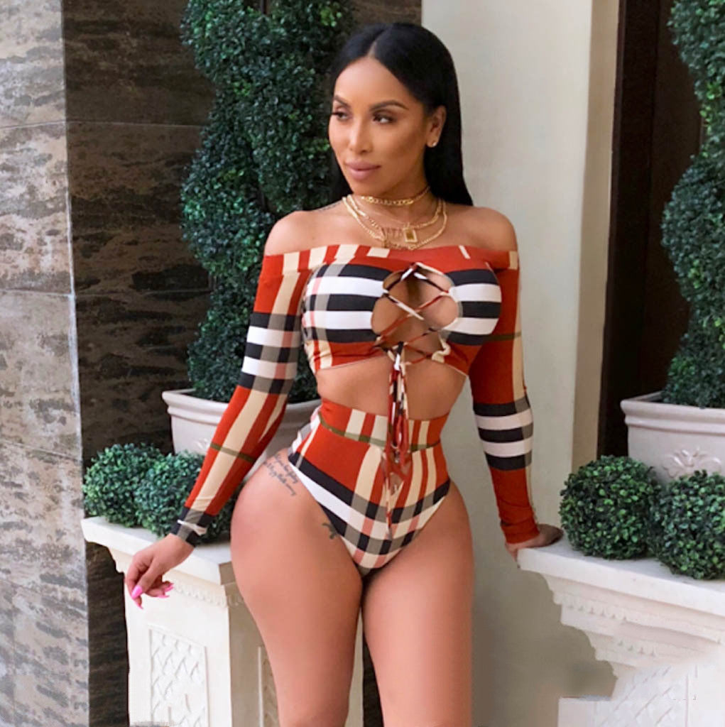 Split Bikini Ladies Plaid Printed One-Shoulder