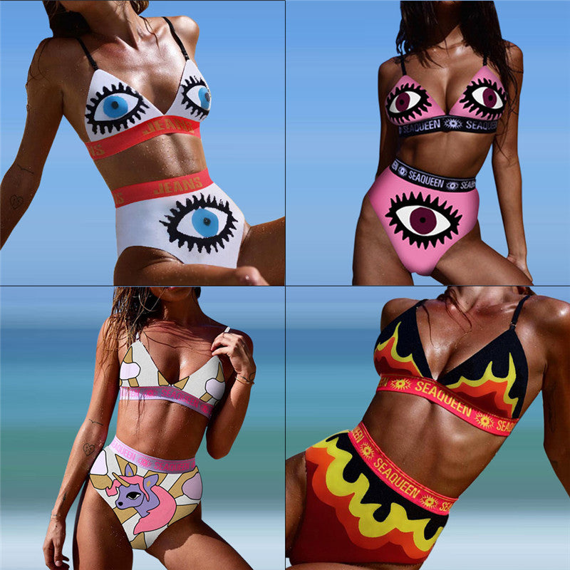 Print Letter Eyes Flame Sexy Bikini Split Swimsuit