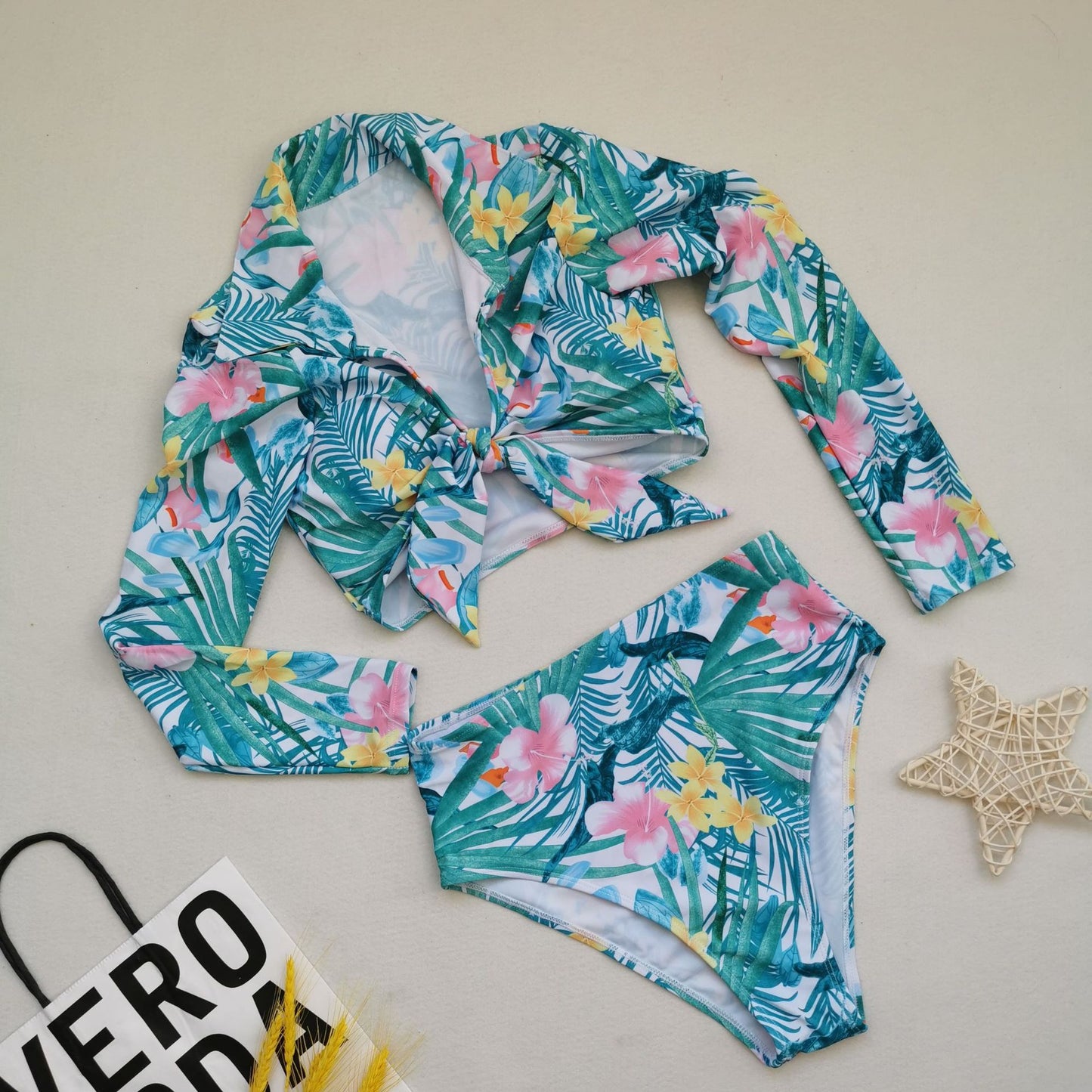 Floral Print Front Tie Long Sleeve High Cut Bottom Bikini