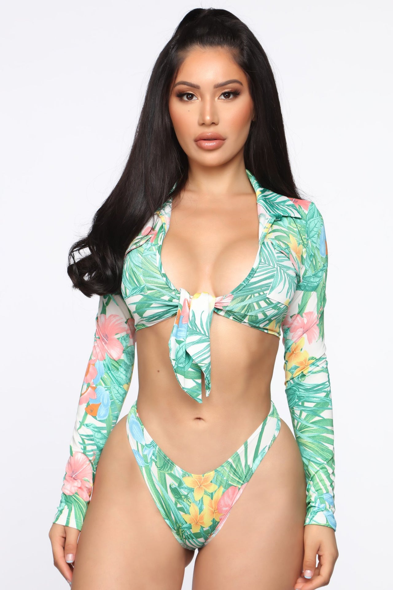 Floral Print Front Tie Long Sleeve High Cut Bottom Bikini