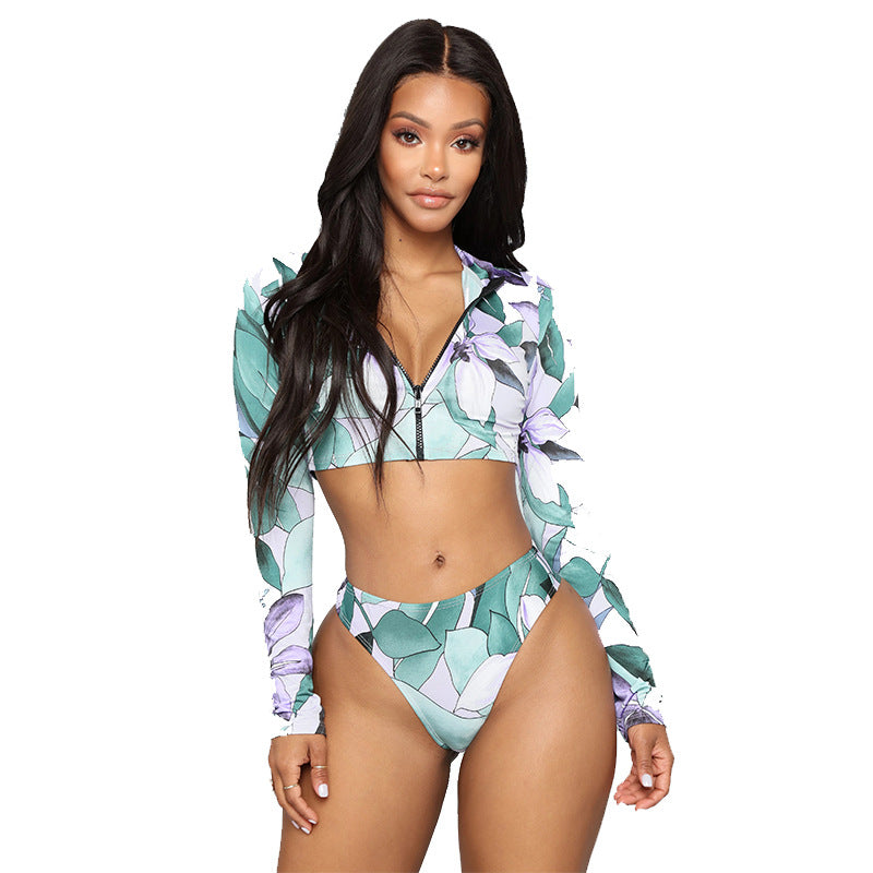 Multi-Color Split Zipper Long-sleeved Top High Cut Bottom Bikini