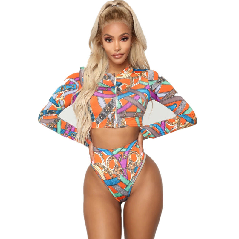 Multi-Color Split Zipper Long-sleeved Top High Cut Bottom Bikini
